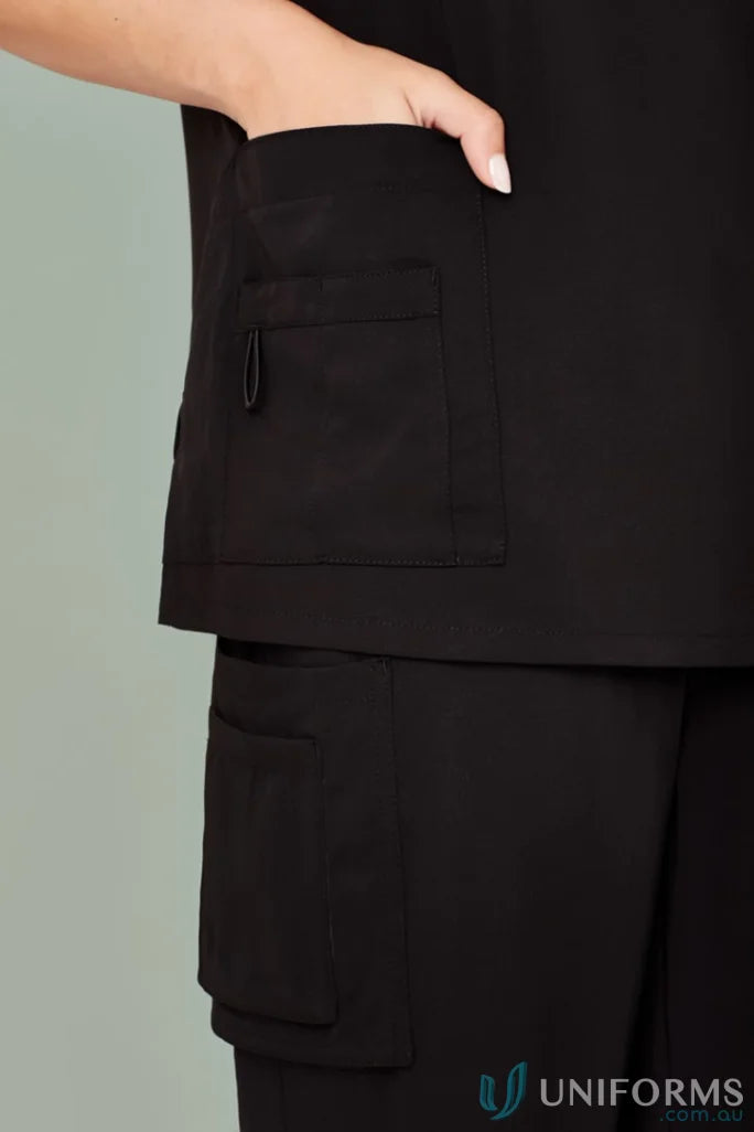 Black scrub suit featuring all-day comfort in womens Avery V-Neck Scrub Top