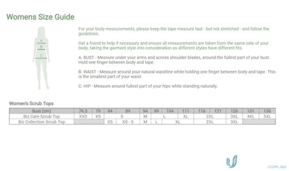 Women’s scrub top size guide for the Bizcare Avery V-Neck Scrub Top with all-day comfort