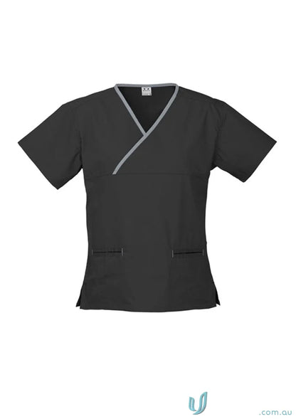 Black medical scrub top from BizCare Classic Contrast Ladies Scrub Top with crossover design and natural stretch