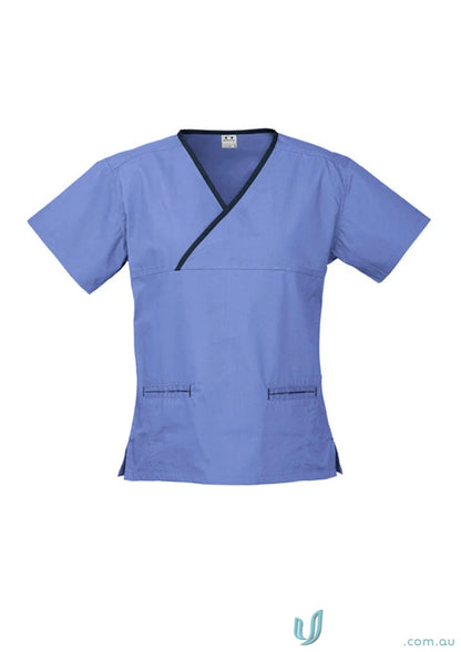 Blue women’s contrast scrub top with crossover design and natural stretch forComfort