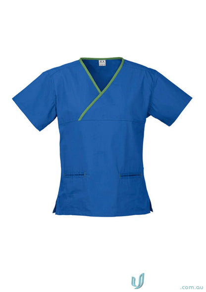 Blue women’s contrast scrub top with crossover design and natural stretch for comfort