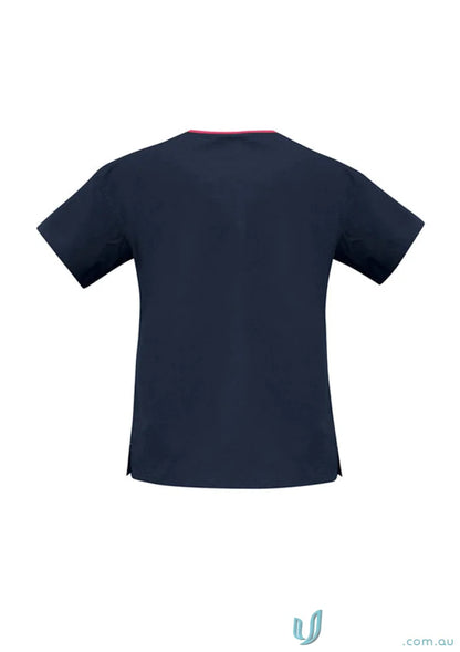 Navy blue women’s contrast scrub top with crossover design and natural stretch from BizCare