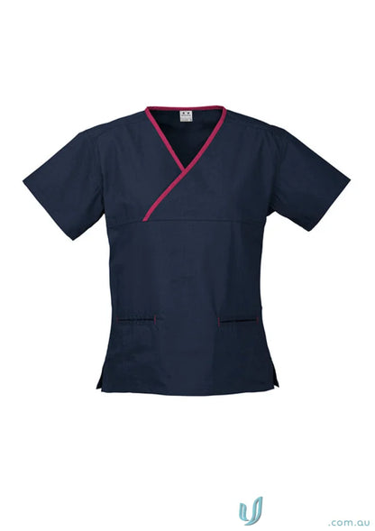 Navy blue women’s contrast scrub top with pink trim, crossover design, natural stretch