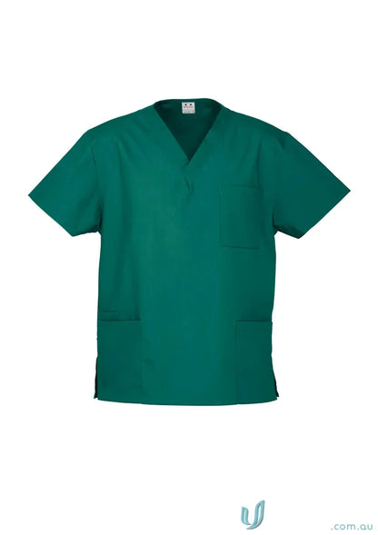 Dark green BizCare Classic Unisex Scrub Top with V-neck, short sleeves, and pockets