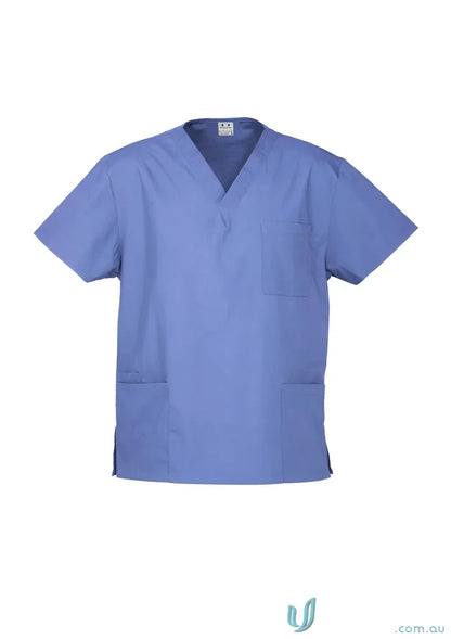 Light blue BizCare Classic Unisex Scrub Top with V-neck and multiple pockets