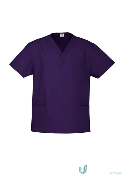 Purple BizCare Classic Unisex Scrub Top with short sleeves and front pockets