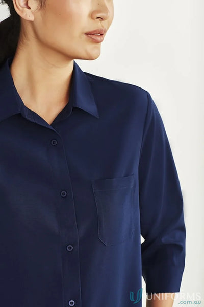 Bizcare Women’s Florence dark navy blue easy stretch sleeve shirt with hidden bust button
