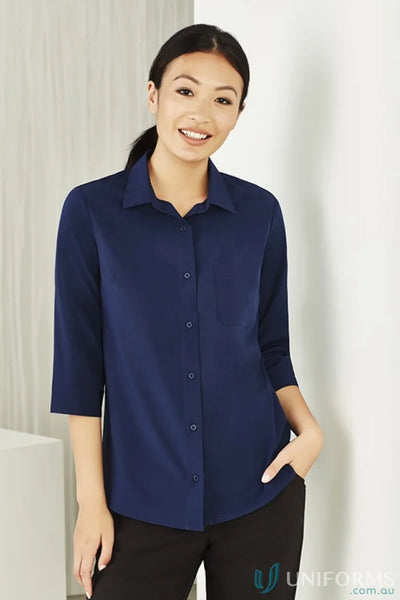 Bizcare Women’s Florence easy stretch sleeve shirt with hidden bust button in dark blue