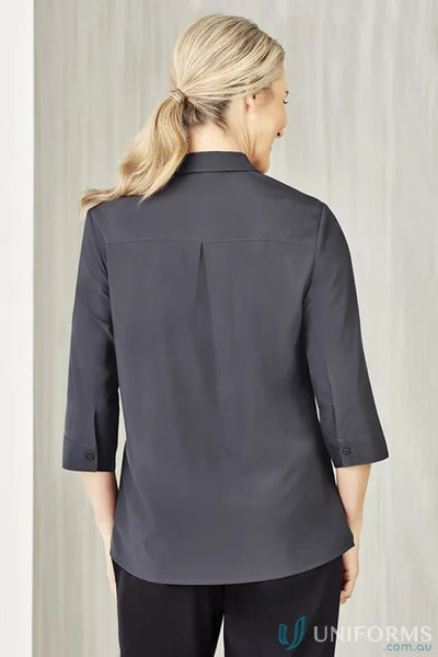 Bizcare Women’s Florence dark grey collared easy stretch sleeve shirt with hidden bust button
