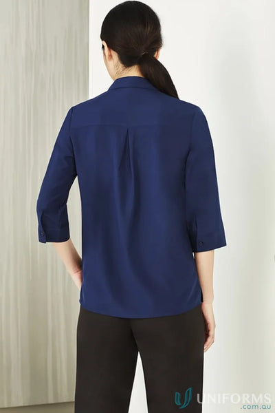Bizcare Women’s Florence navy blue easy stretch sleeve shirt with hidden bust button
