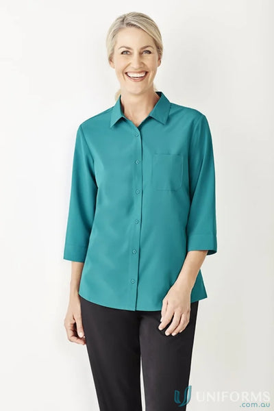 Bizcare Women’s Florence teal easy stretch sleeve shirt with hidden bust button