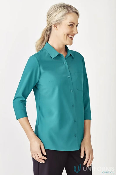 Bizcare Women’s Florence teal easy stretch sleeve shirt with hidden bust button