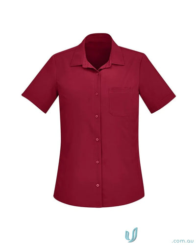 Bizcare Women’s Florence dark red short-sleeve shirt with hidden bust button CS947LS