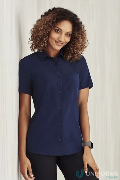 Bizcare Women’s Florence CS947LS short-sleeved shirt with hidden bust button in dark blue