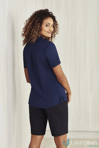 Bizcare Women’s Florence navy blue SS shirt with hidden bust button and black shorts