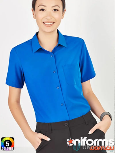 Bizcare Women’s Florence CS947LS short-sleeve royal blue uniform shirt with hidden bust button