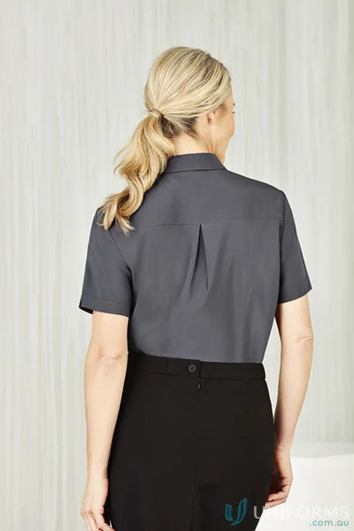 Bizcare Women’s Florence dark gray short-sleeved collared shirt with hidden bust button CS947LS