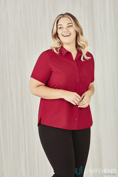 Bizcare Women’s Florence red short-sleeve shirt with hidden bust button CS947LS