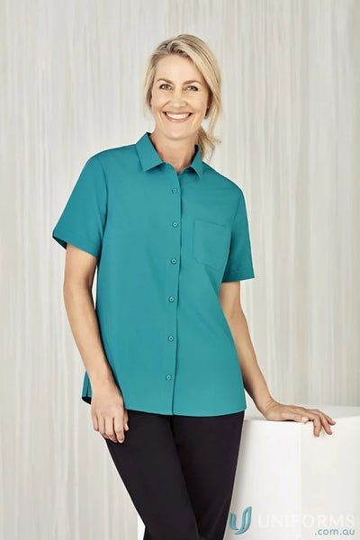 Bizcare Women’s Florence teal SS shirt with hidden bust button, cs947ls style