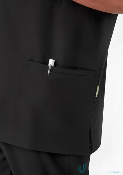 Black Bizcare Men’s Essence scrub top with chest pocket and side vents for a comfy water repellent jacket