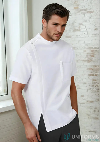 Men’s white Bizcare Essence Jacket in recycled polyester with stand-up collar and asymmetrical buttons