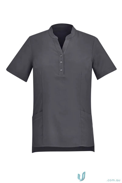 Gray short-sleeved Bizcare Florence Plain Tunic with mandarin collar for women CS949LS