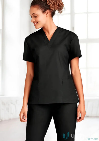 Black medical scrub set from BizCare Ladies Scrub Top with womens classic fit and natural stretch fabric for all-day comfort