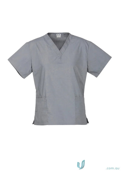 Gray V-neck scrub top from BizCare Classic Ladies scrub collection with all-day comfort