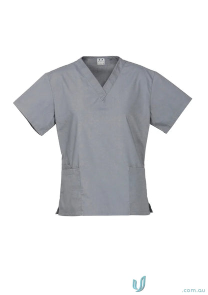 Gray V-neck scrub top from BizCare Classic Ladies scrub collection with all-day comfort