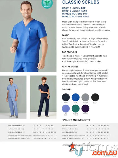 Classic scrubs product ad showcasing BizCare Classic Ladies Scrubs Bootleg Pant in soft-touch fabric