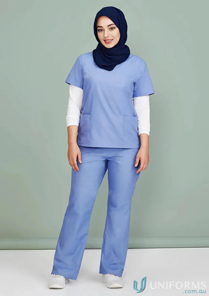 Light blue womens classic scrub with hijab, soft-touch fabric, scrubs bootleg style