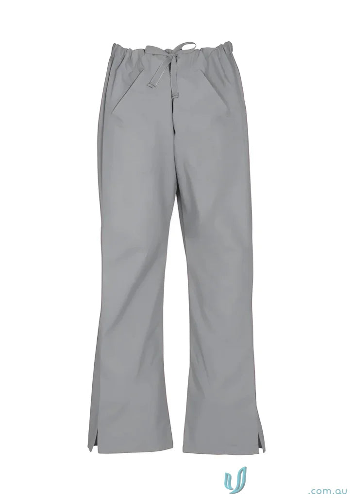 Gray drawstring pants with flared legs from BizCare Classic Ladies Scrubs Bootleg collection in soft-touch fabric