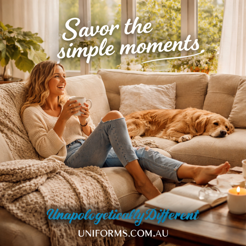 Woman lounging in Bizcare Nova Zip jumper with dog, antibacterial treatment