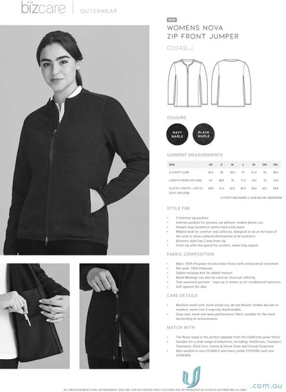Women’s Nova Zip Bizcare Jumper with antibacterial treatment and stylish mandarin collar