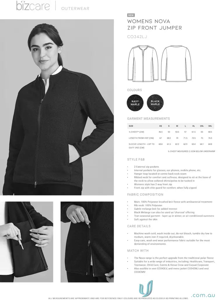 Women’s Nova Zip Bizcare Jumper with antibacterial treatment and stylish mandarin collar