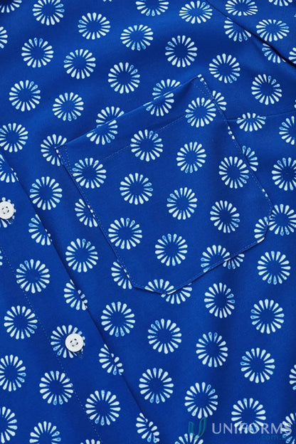 Royal blue Bizcare Stretch Daisy Print SS Shirt with florence daisy print and white buttons