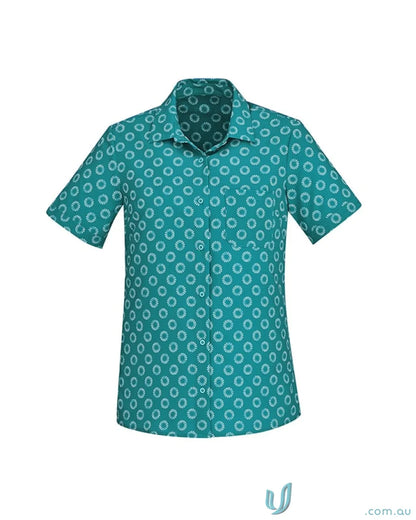 Teal Bizcare Stretch Daisy Print SS Shirt with florence daisy pattern for effortless style