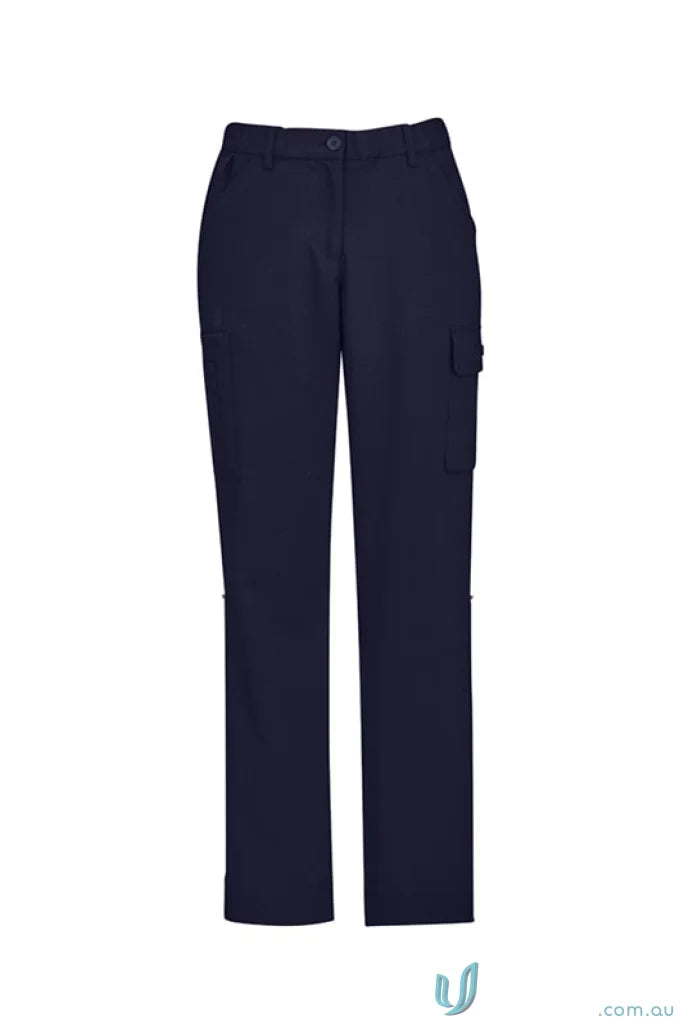 Navy blue Bizcare Women’s Comfort Waist Cargo Pant with side pockets, perfect for ultimate workwear
