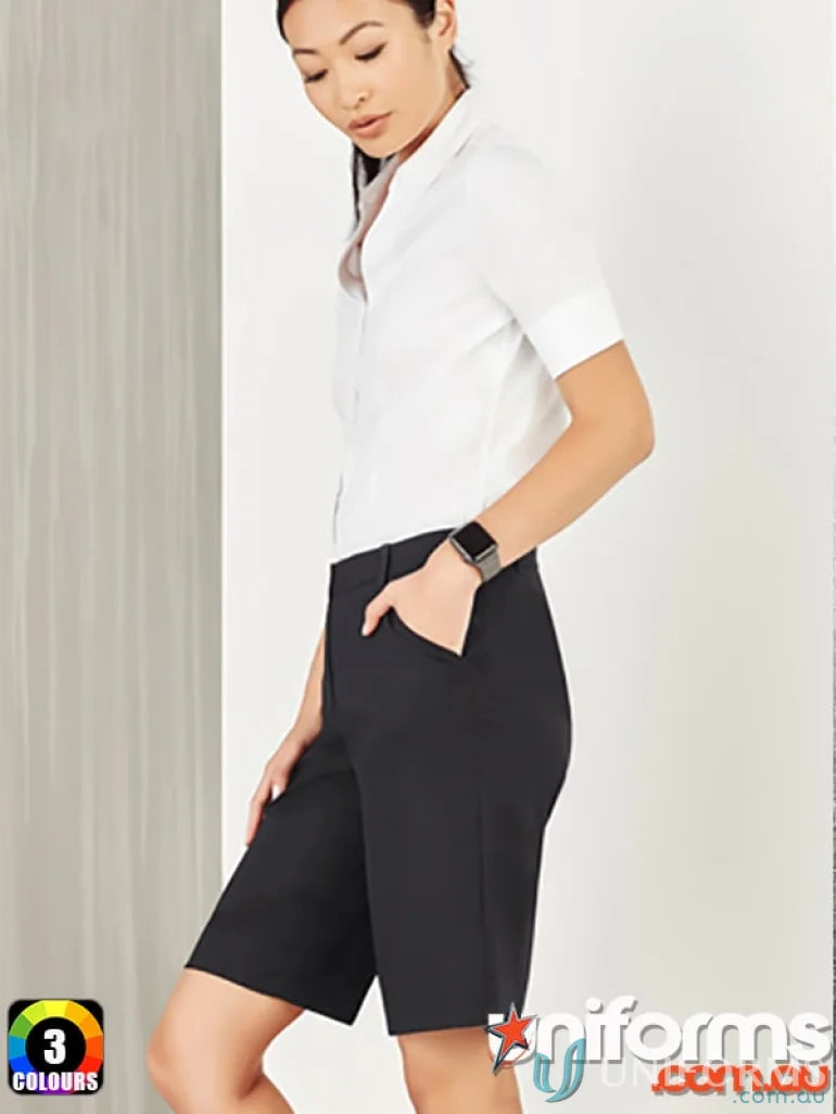 Bizcare Women’s Comfort Waist Cargo Short in black with white shirt, perfect for summer