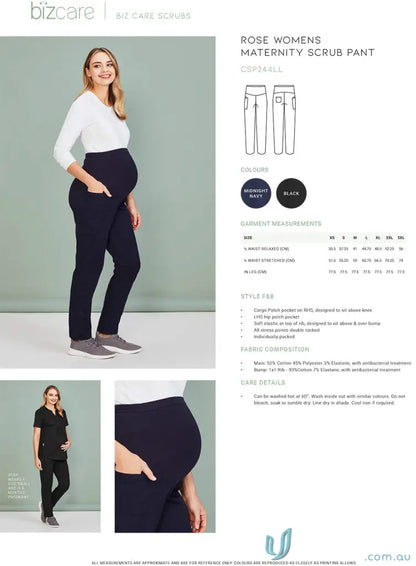Pregnant woman in Bizcare Rose Maternity Scrub Pant with silverplus antibacterial treatment