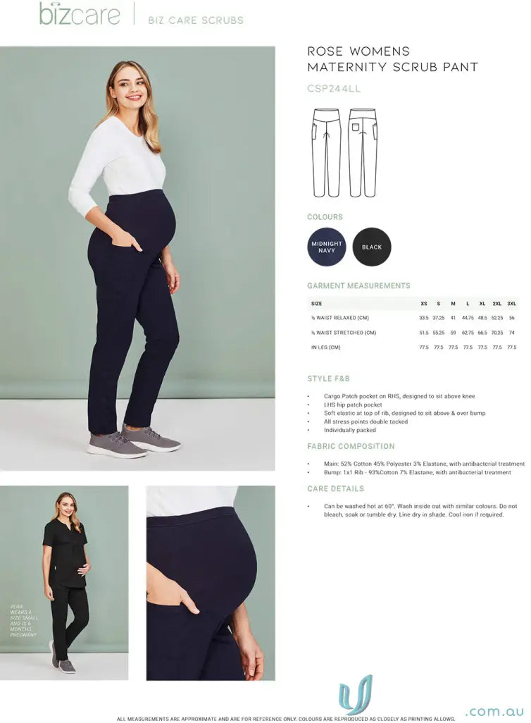Pregnant woman in Bizcare Rose Maternity Scrub Pant with silverplus antibacterial treatment