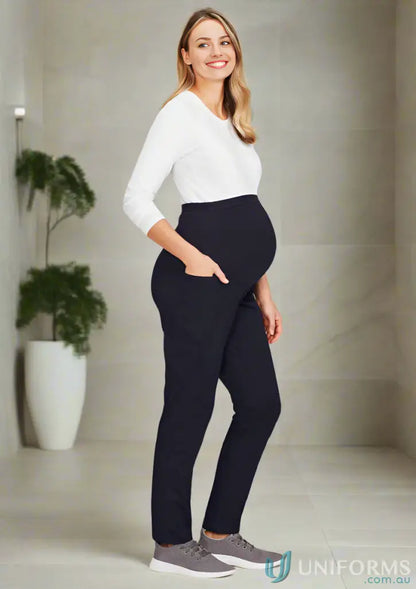 Pregnant woman wearing Bizcare Womens Rose Maternity Scrub Pant with silverplus antibacterial treatment