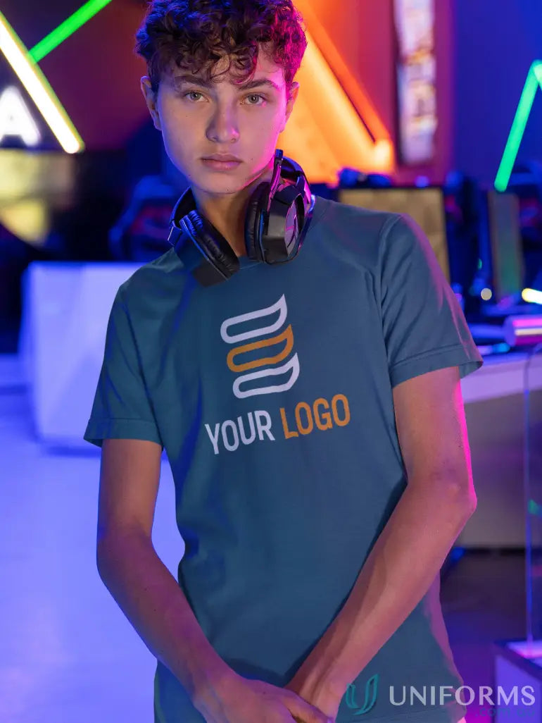 Blue T-shirt with headphones from 100 MOQ cotton jersey uniforms product for sale