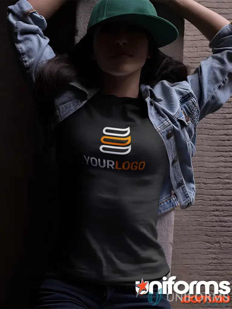 Black cotton jersey t-shirt with logo, perfect for uniforms, price includes MOQ