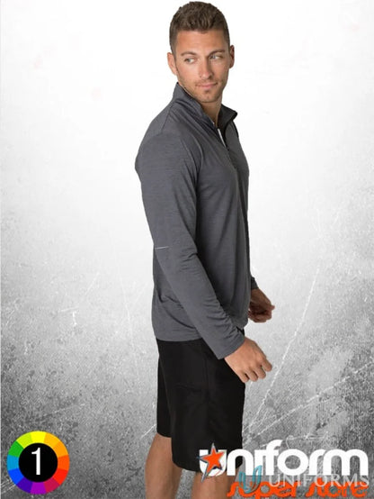 Man in Gray Long-Sleeve Shirt and Black Shorts wearing Black Kanvas Half Zip Jumper with CoolDry moisture tech