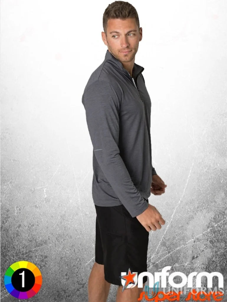 Man in Gray Long-Sleeve Shirt and Black Shorts wearing Black Kanvas Half Zip Jumper with CoolDry moisture tech