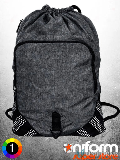 Gray drawstring backpack shown on Black Kanvas Heather Sack Pack with durable straps