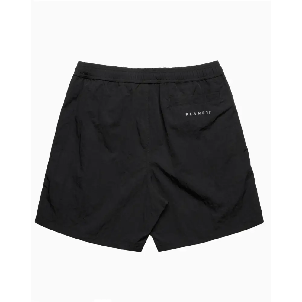 Black Portsea swim shorts with planeti logo on recycled nylon back