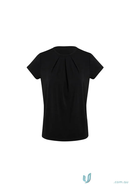 Black Blaise short sleeve top in luxe jersey knit with pleated front for women