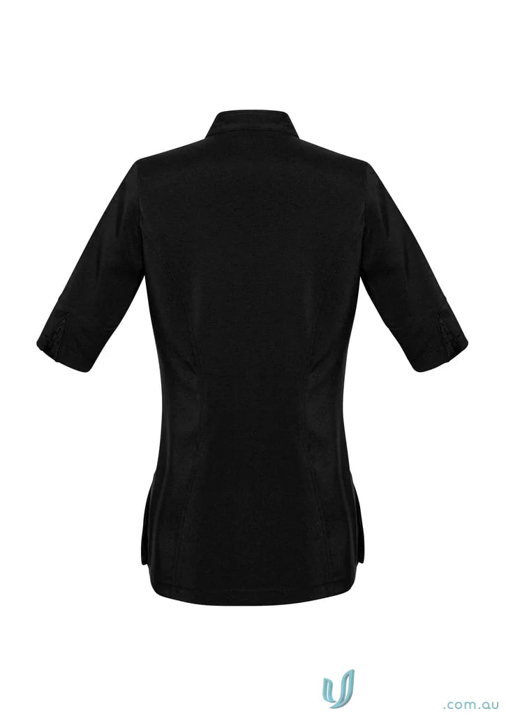 Women’s Bliss Tunic with black mandarin collar in stretch fabric with stain release tech